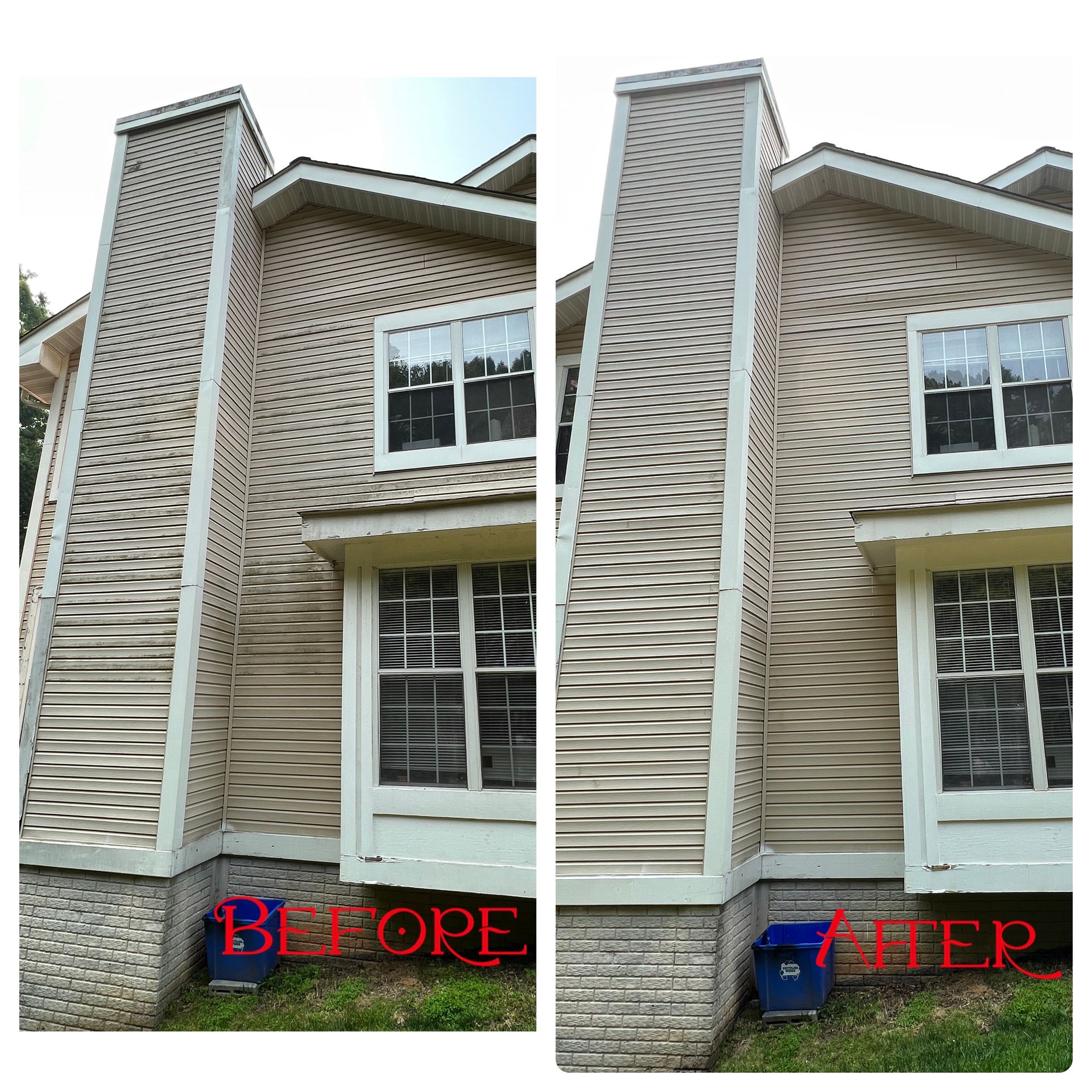 A before and after picture of a house with a chimney.