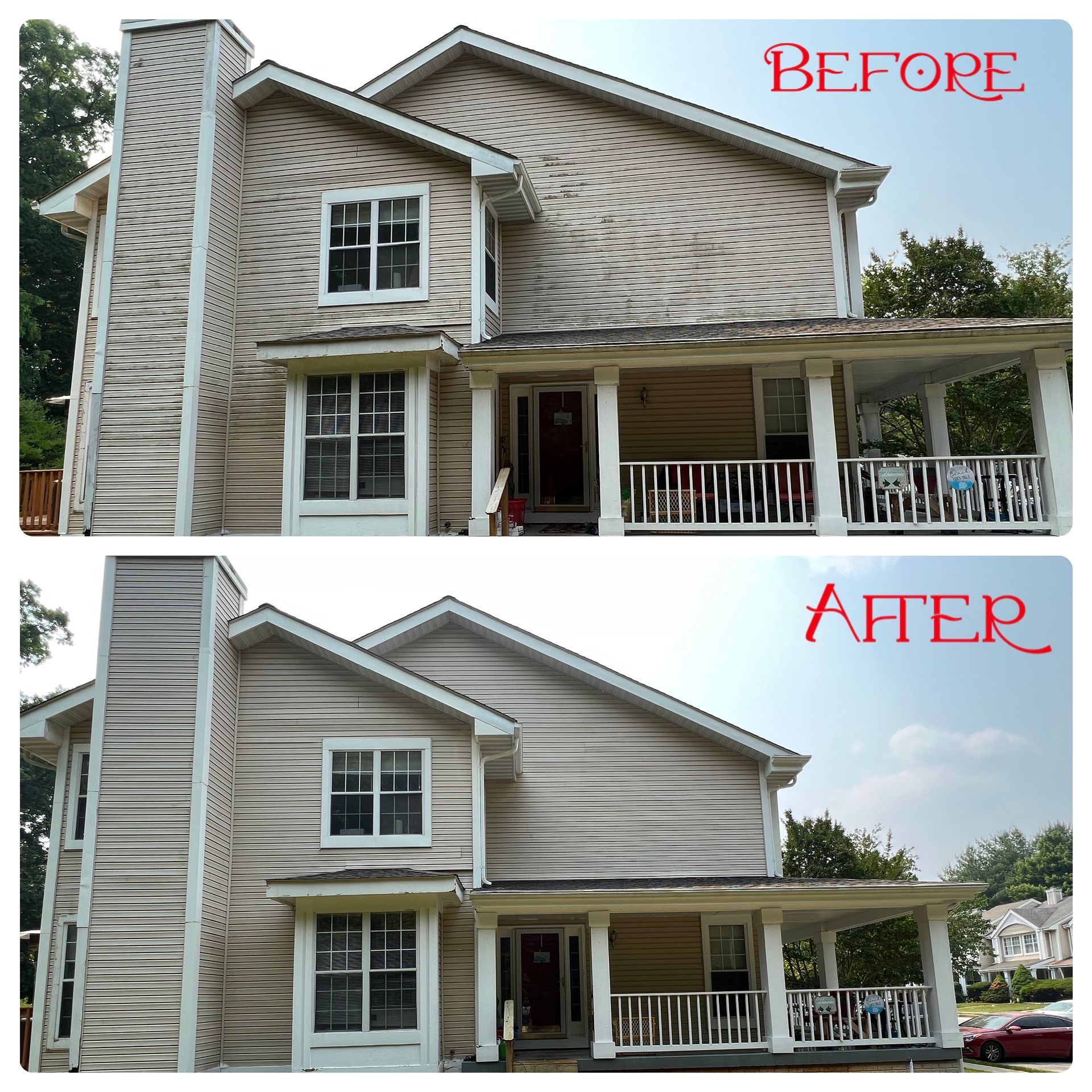 A before and after picture of a house with a porch