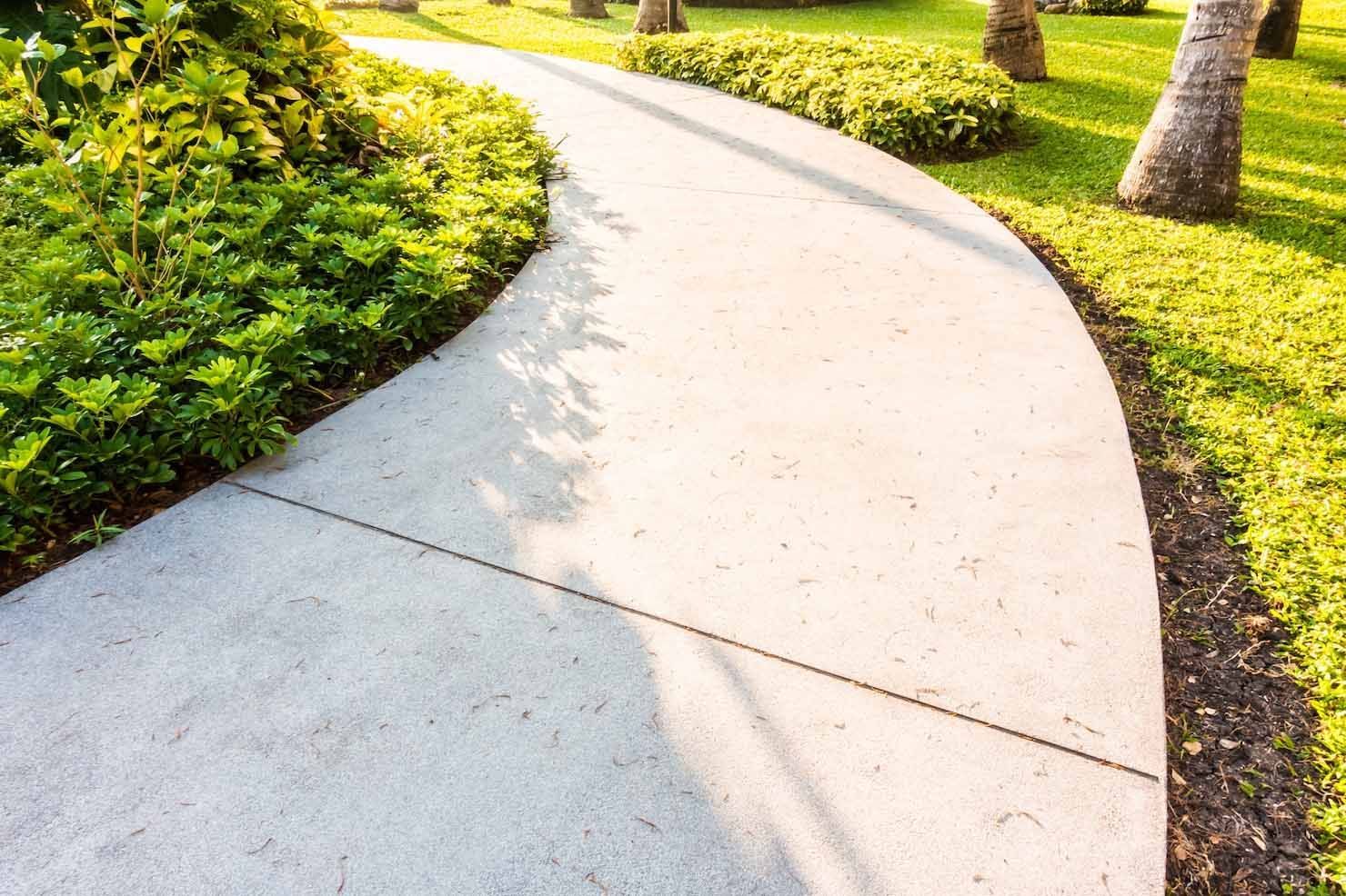 Curving concrete pathway through a sunny green landscape, with grass and shrubs.