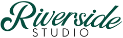 A green and white logo for riverside studio