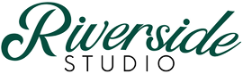 A green and white logo for riverside studio
