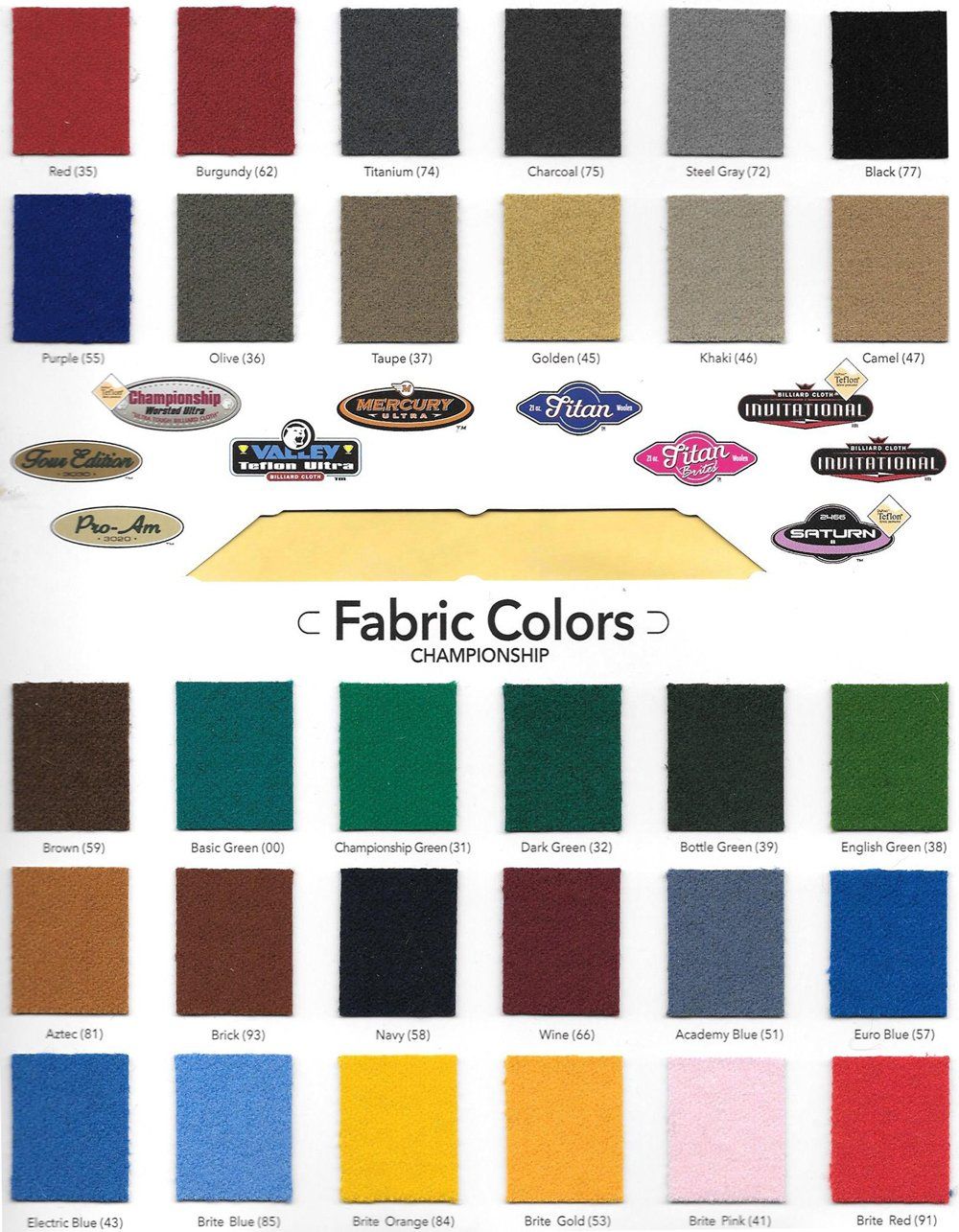 Billiards Table Fabric Colors Set One