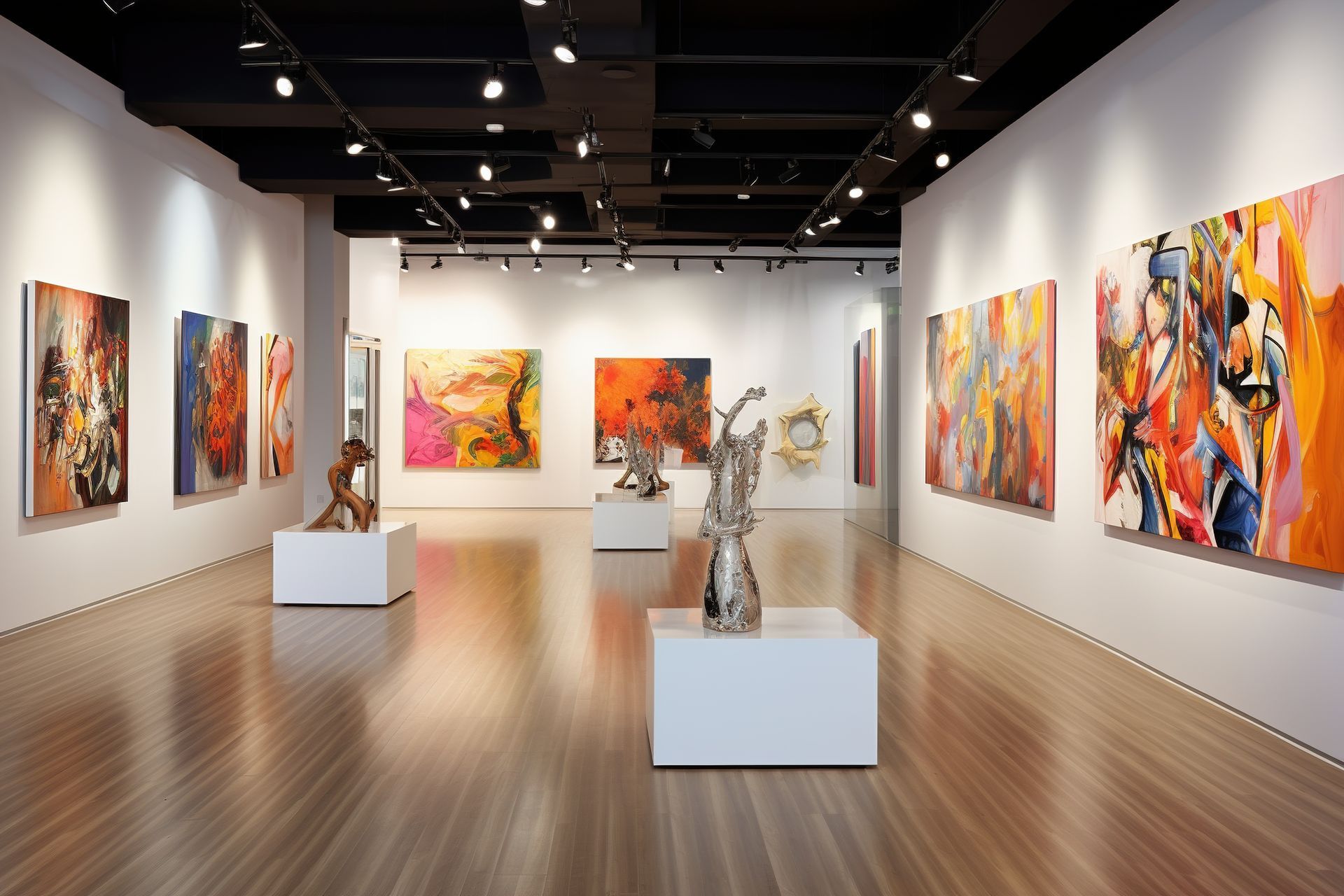 A large art gallery filled with paintings and sculptures