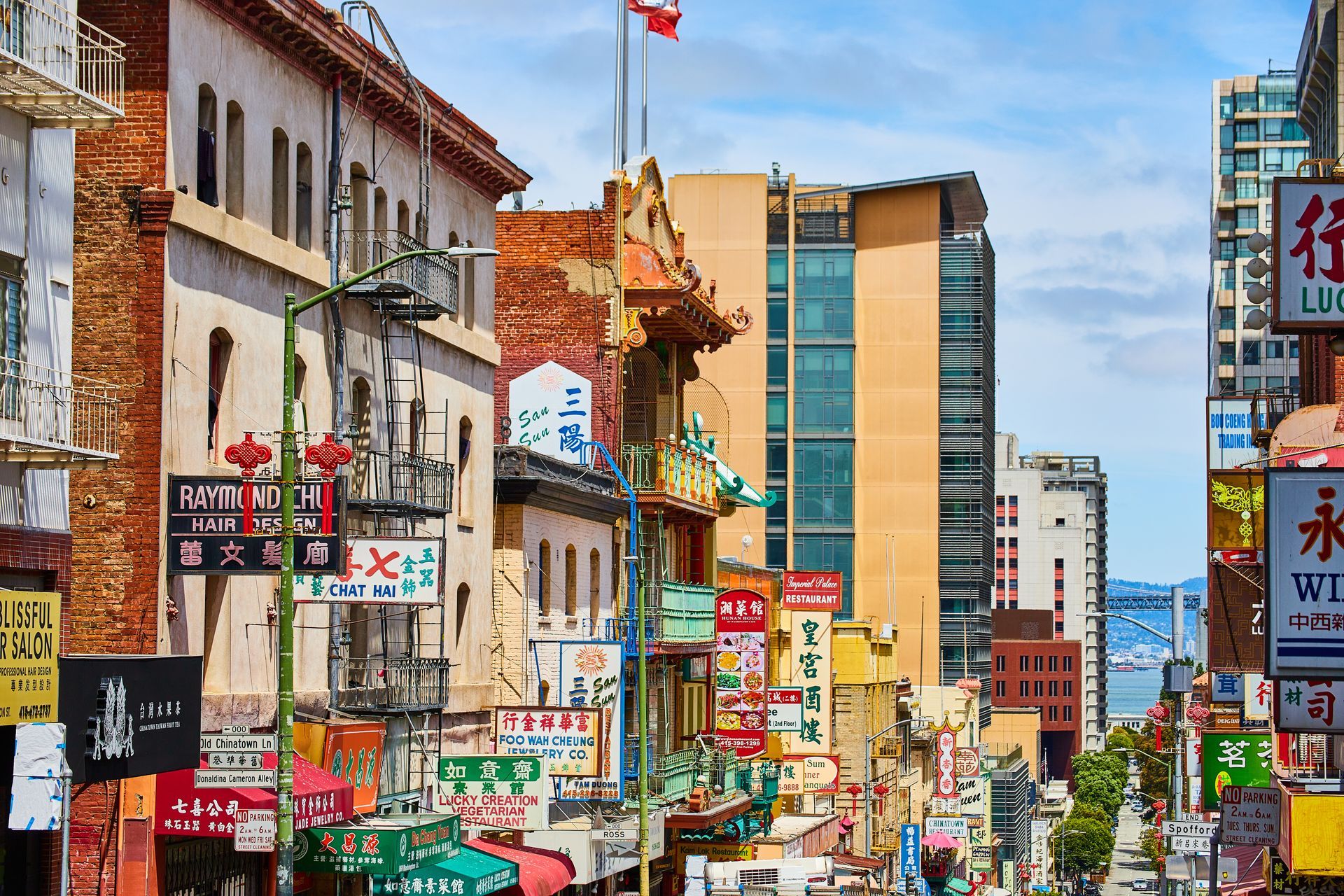 A city street with a lot of buildings and signs on it
