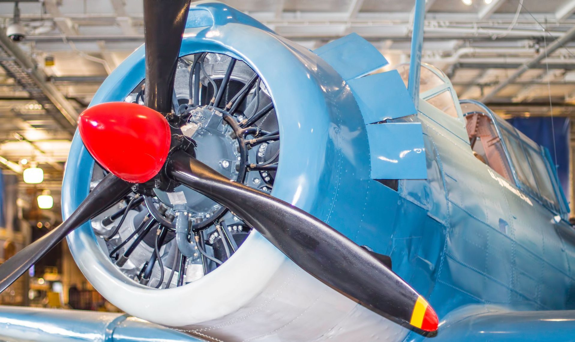 A blue and white propeller plane is sitting in a hanger.