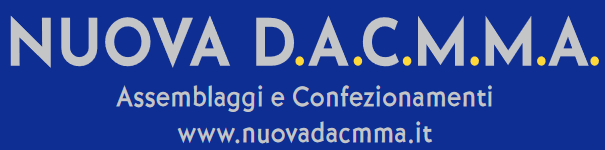 Logo for Nuova D.A.C.M.M.A., assemblaggi e confezionamenti, with a website address on a blue background.
