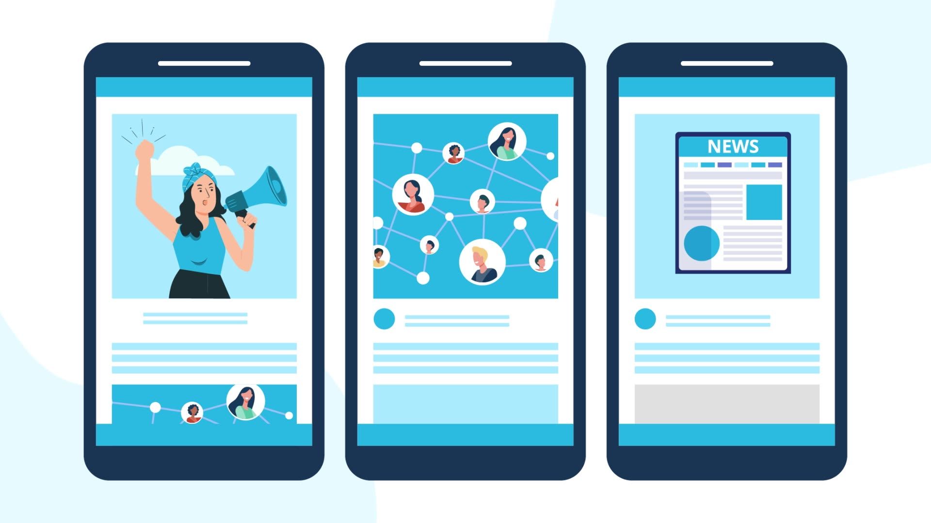 Three smartphones display digital graphics: a person with a megaphone, a network of connected profiles, and a news article.