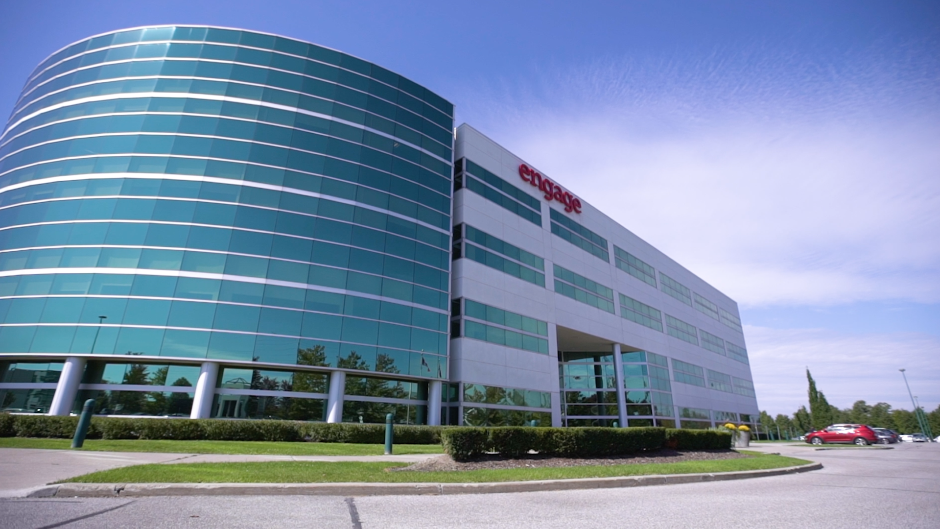 A large glass building with the word energy on it