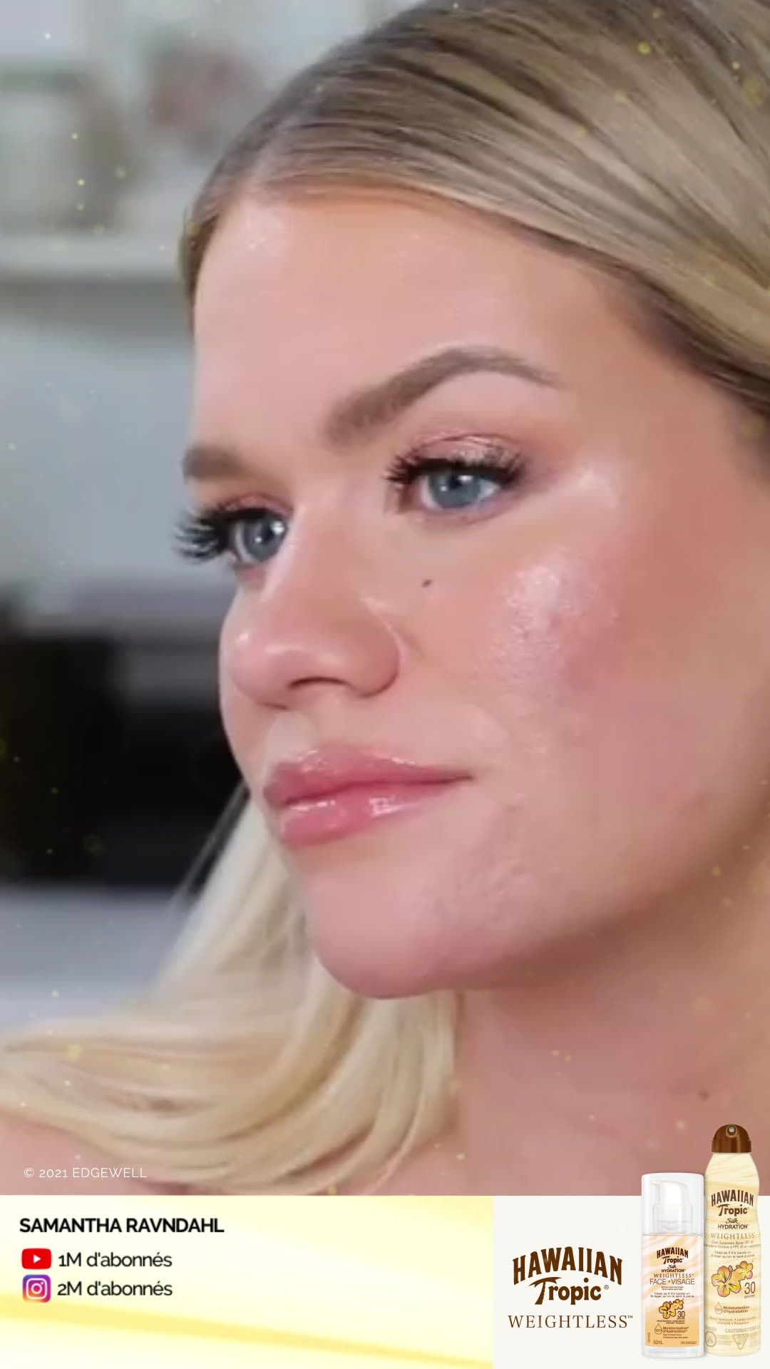 A close-up of a person's face next to a brand logo and product images of Vanilla Tropic tanning mousse.
