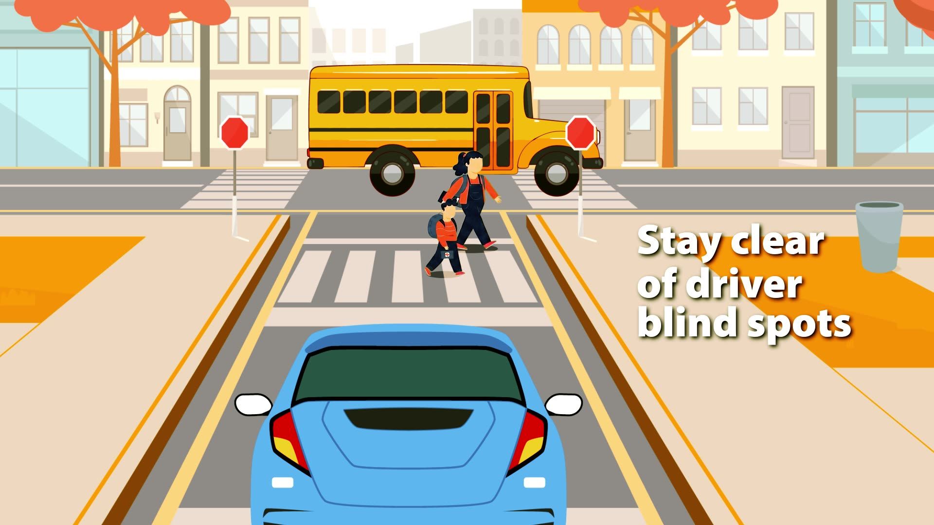 A blue car behind a school bus with pedestrians crossing. Text: 