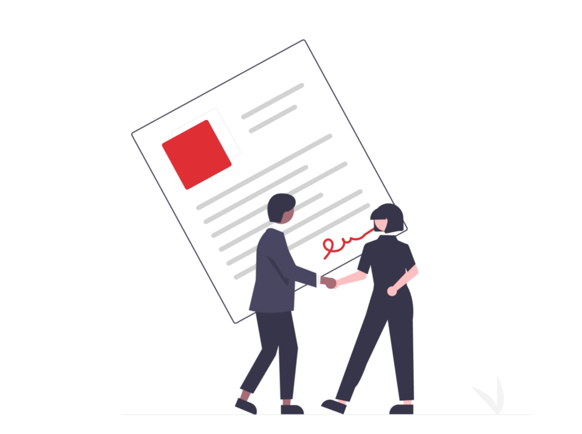 A man and a woman are shaking hands over a signed document.