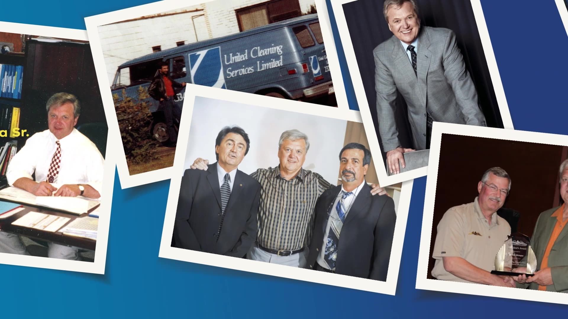 A collage of photos featuring an individual in business settings, including working at a desk, presenting, and an award.