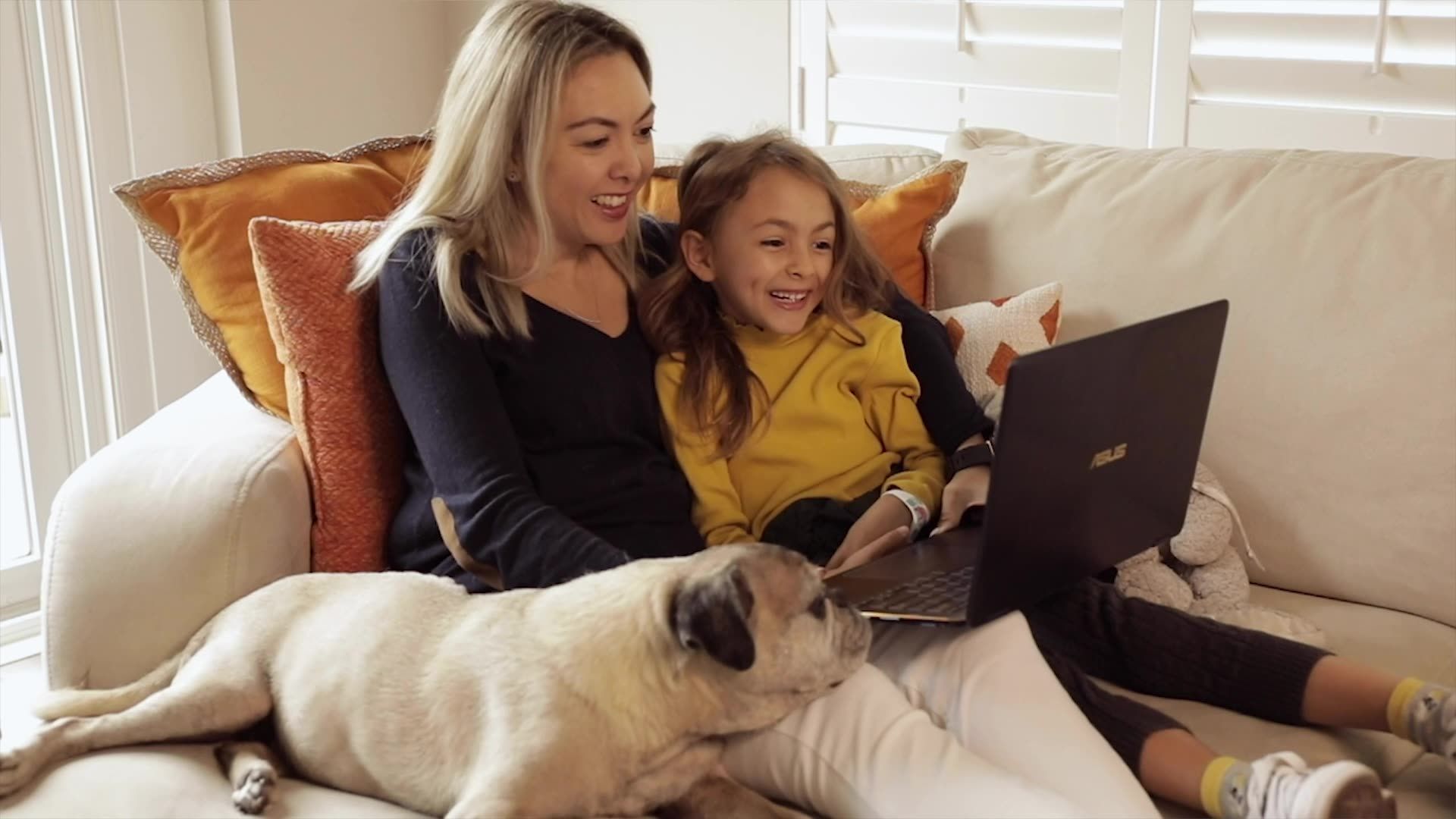 A person and a child sit on a couch using a laptop with a dog lying across them.