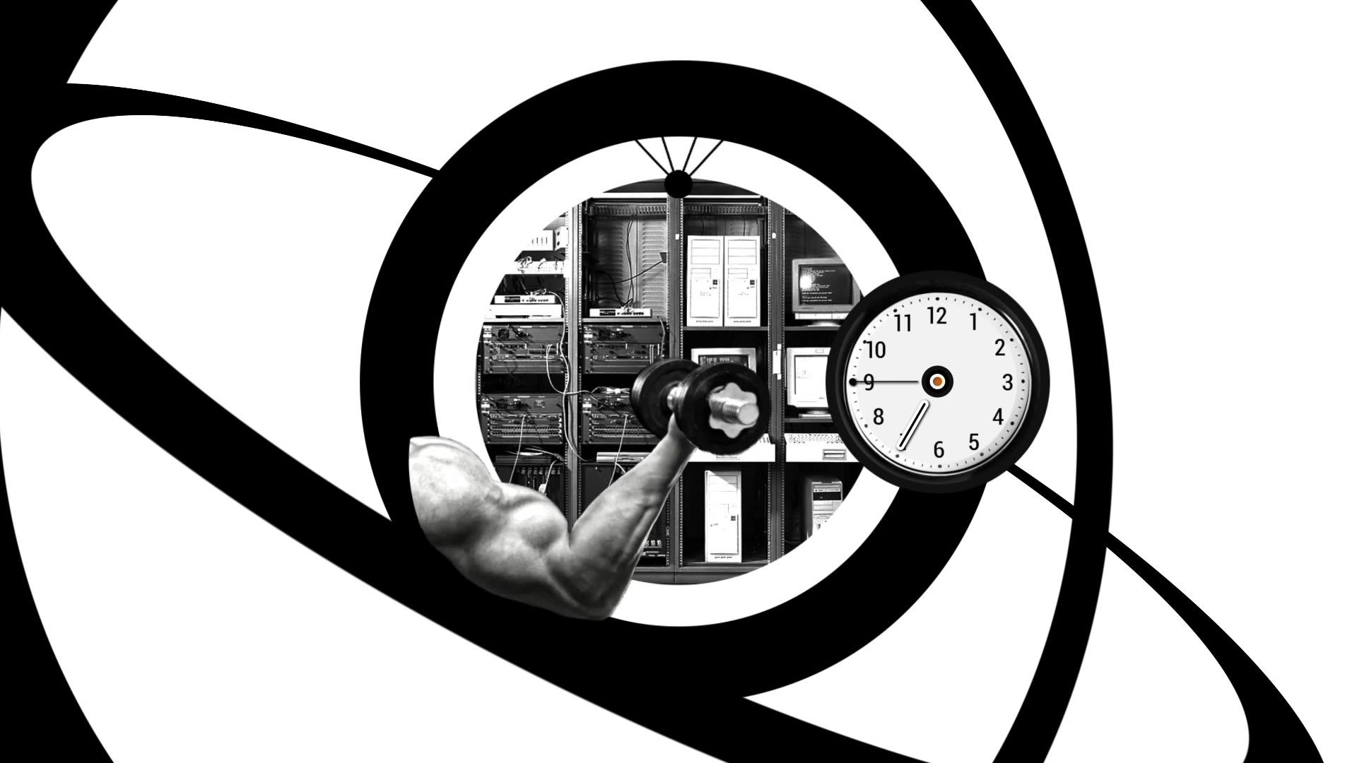 A muscular arm lifts a dumbbell inside a circular frame, set against a background of shelves and a clock.