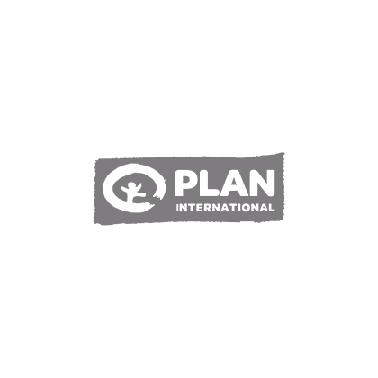A gray and white logo for plan international on a white background.