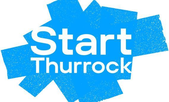 A blue sign that says start thurrock on it