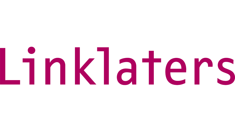 A pink and white logo for linklaters on a white background.