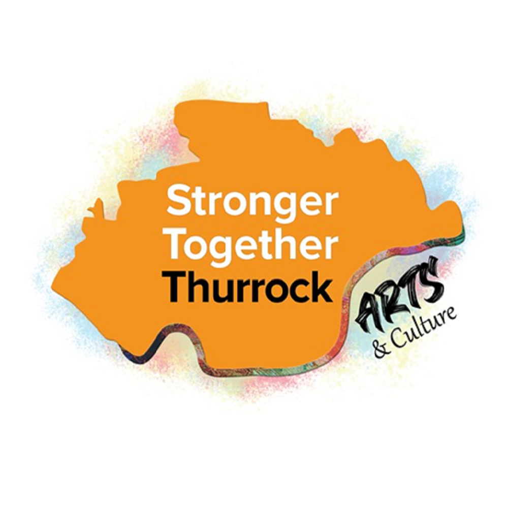 A logo for stronger together thurrock arts and culture