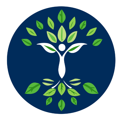 White figure in a tree shape with green leaves, enclosed in a blue circle.