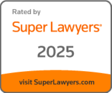 Super Lawyers 2025 award badge. Orange and gray design with text “Super Lawyers” and website address.