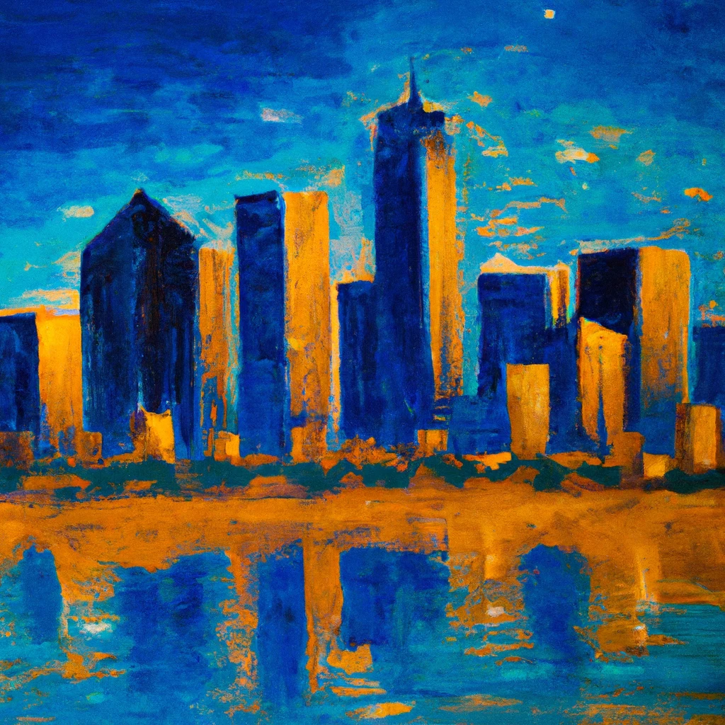 It is a painting of a city skyline with buildings reflected in the water.