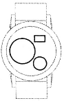 A black and white drawing of a watch with two circles and a square on it.