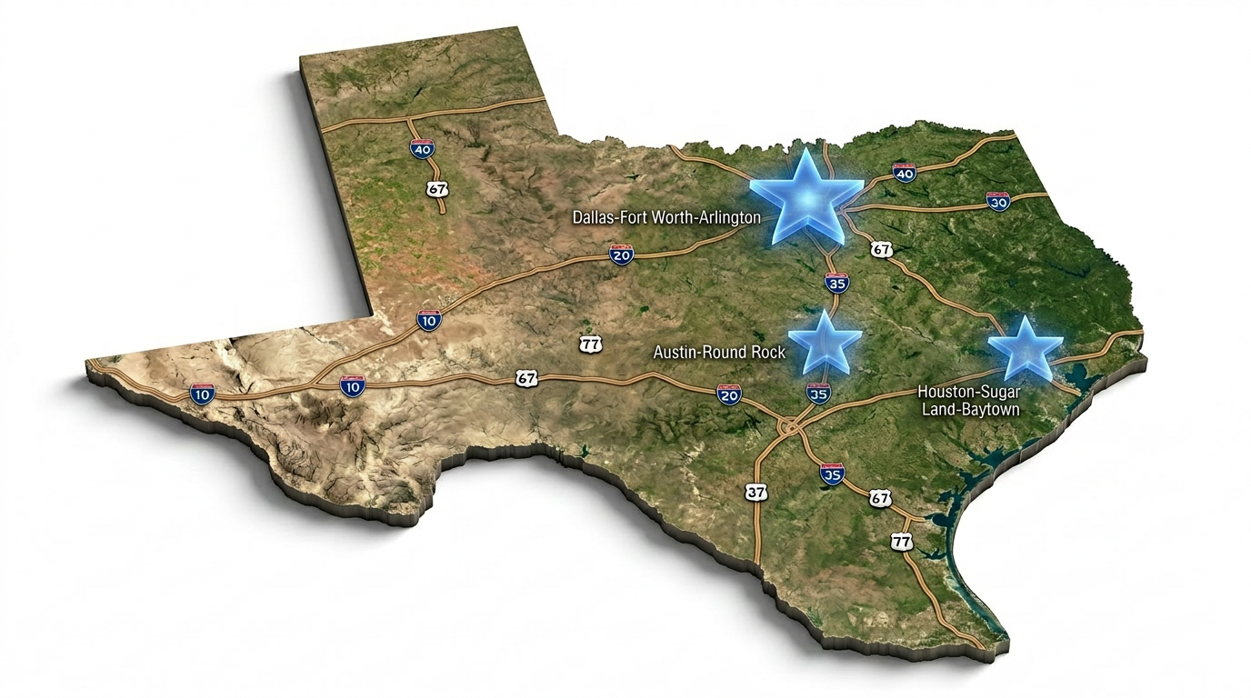 Texas map with blue star markers highlighting several locations of Wilson Legal Group