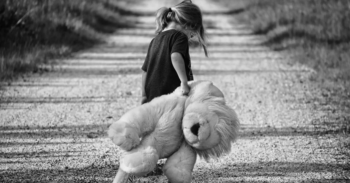 A little girl is holding a teddy bear on a dirt road.