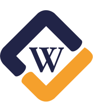 a blue and yellow logo with the letter w on it