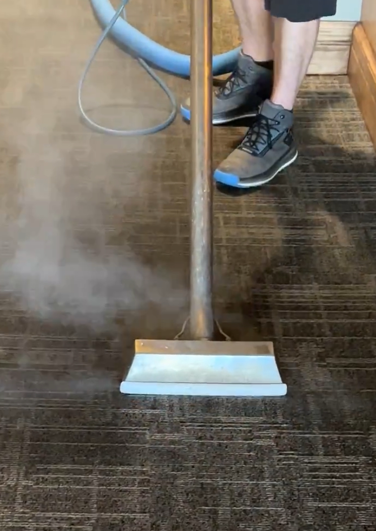 A person is using a vacuum cleaner to clean a carpet.