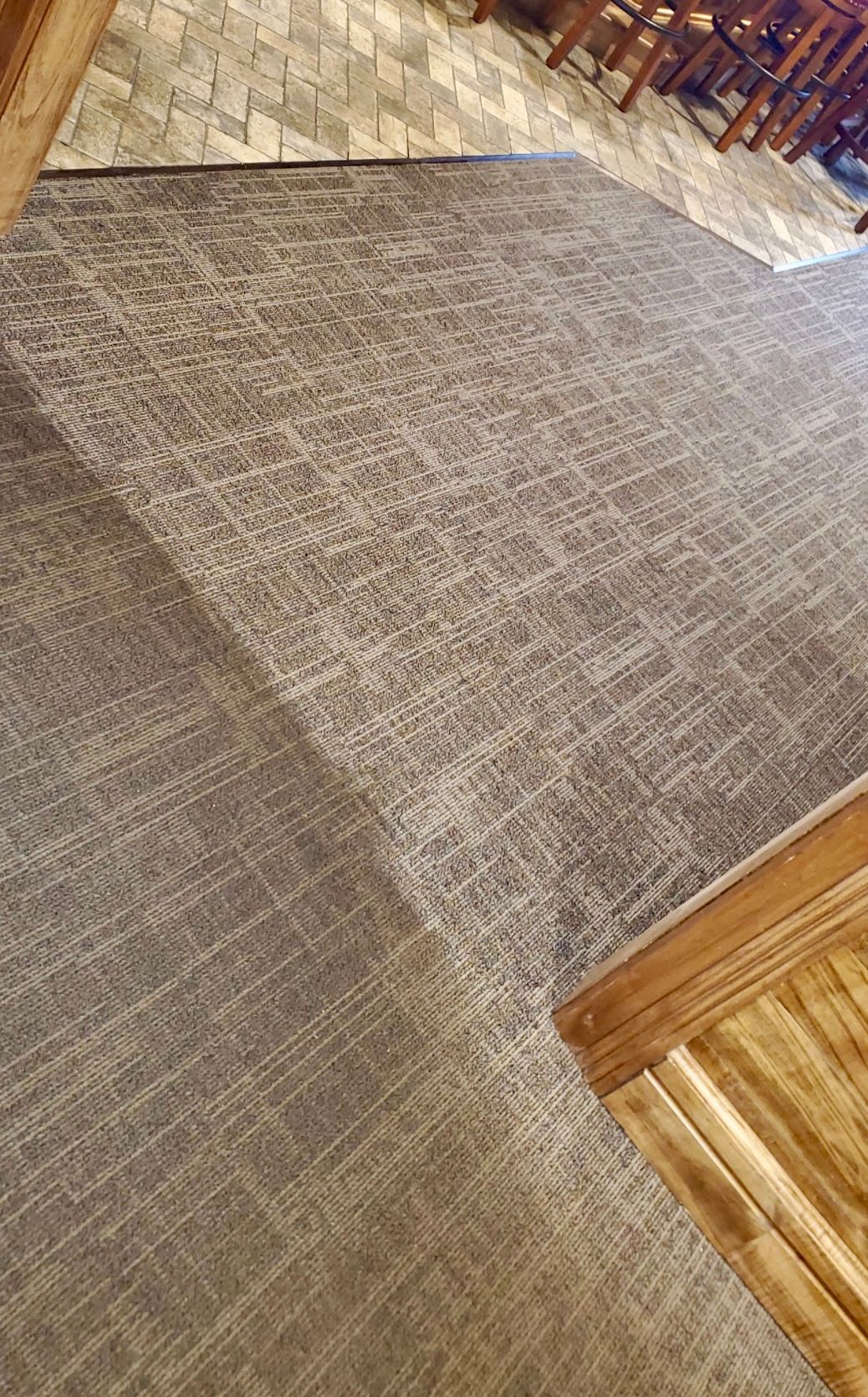 A close up of a carpeted floor in a room with stairs.