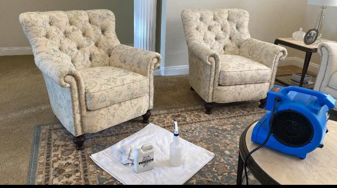 A living room with two chairs and a blue fan.