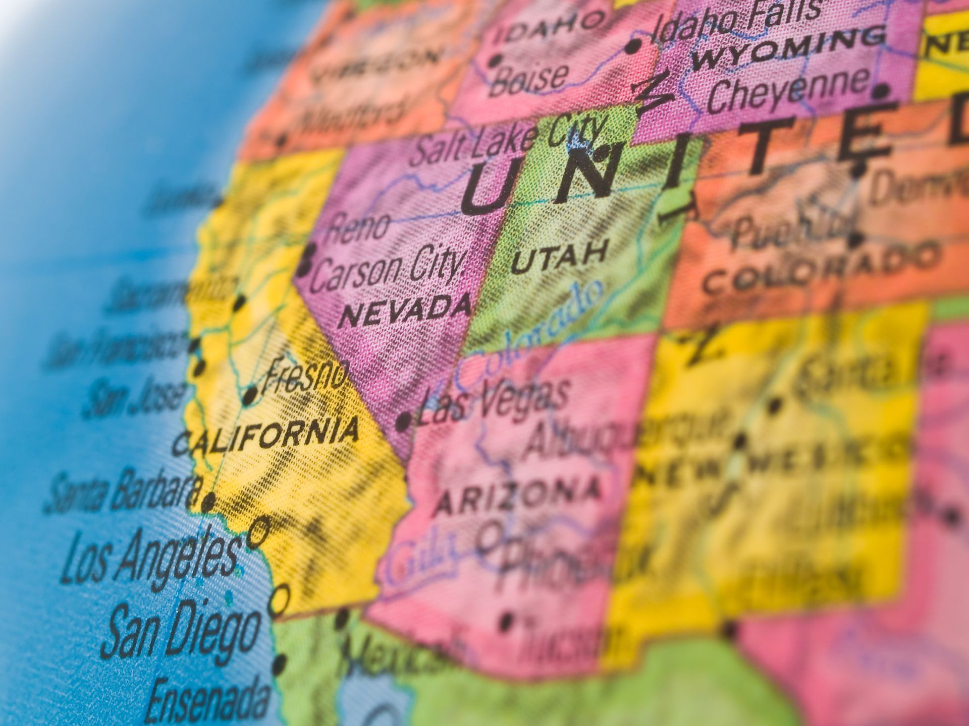 A close up of a map of the united states