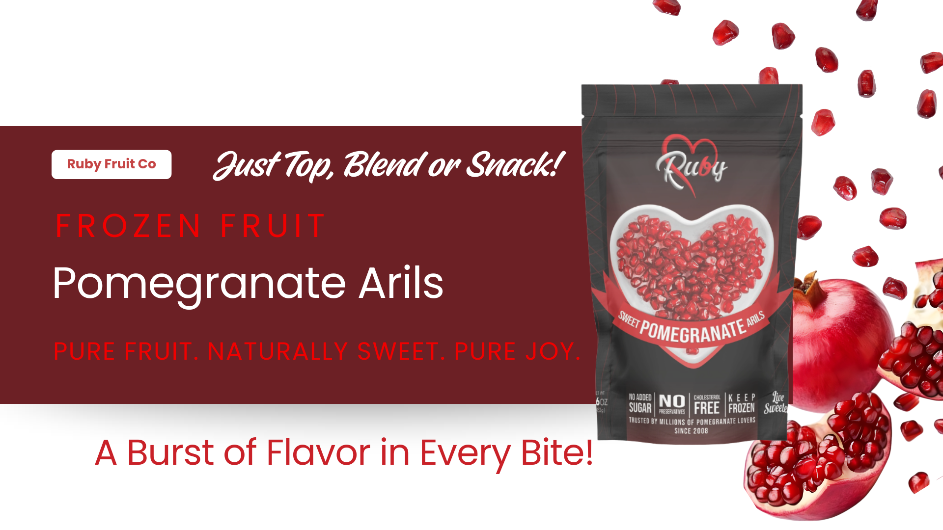 Frozen pomegranate arils bag with a whole and halved pomegranate, red color scheme, text: 