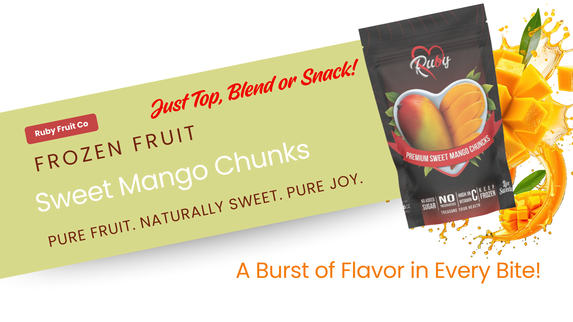 Frozen mango chunks in a bag, with a burst of fruit and text: 