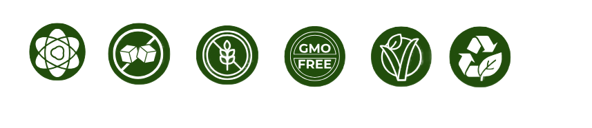 Six green circular icons representing: no additives, no sugar, no gluten, GMO-free, vegan, and recyclable.