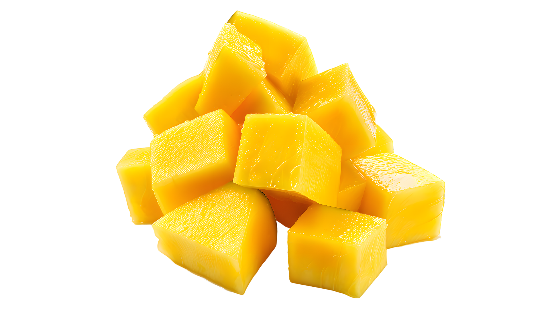 A pile of bright yellow, cubed pieces of fresh mango against a plain white background.