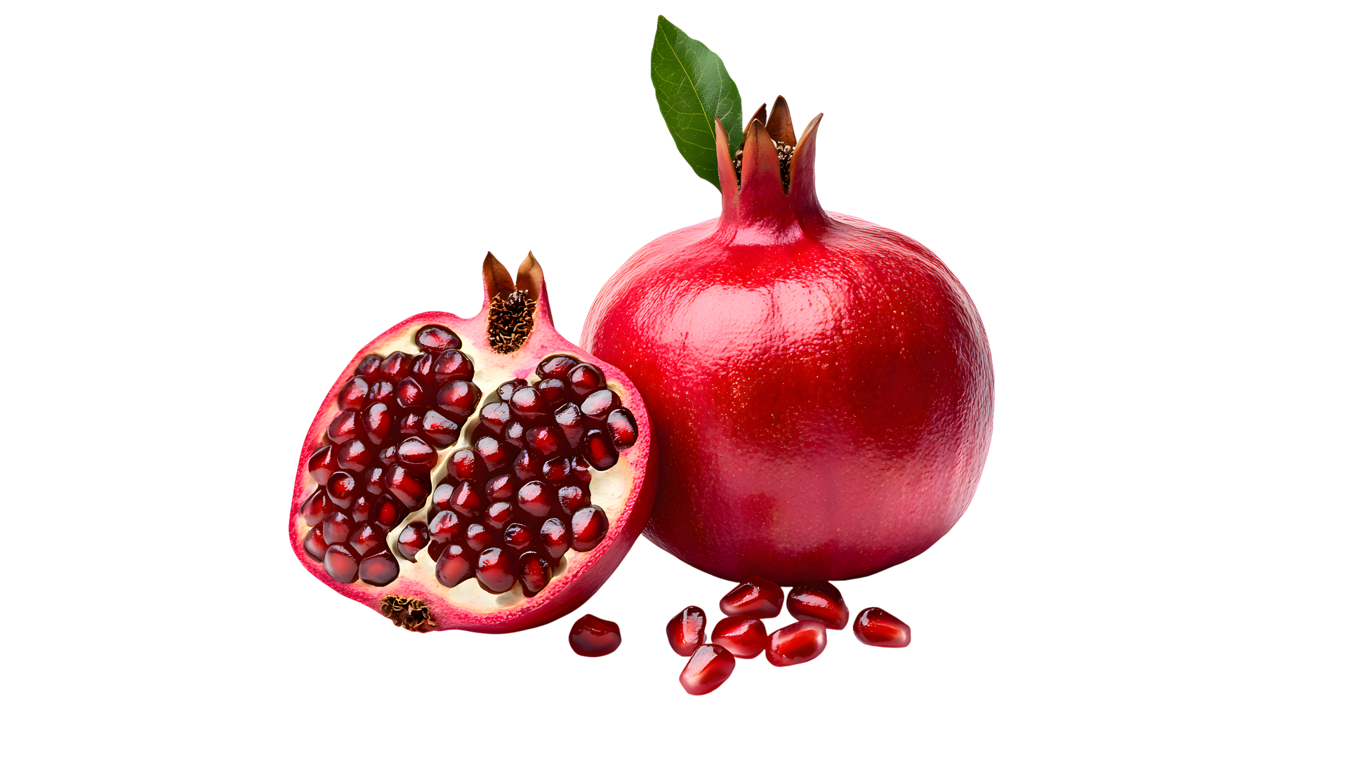 A whole pomegranate with a green leaf and a halved pomegranate with visible seeds, resting on a white background.