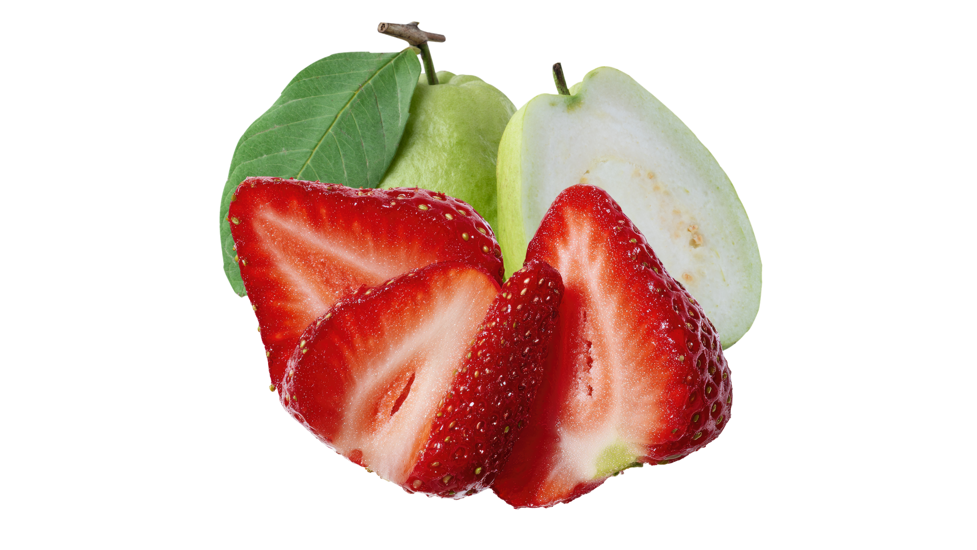 Sliced strawberries arranged in front of a whole and a halved green guava against a white background.