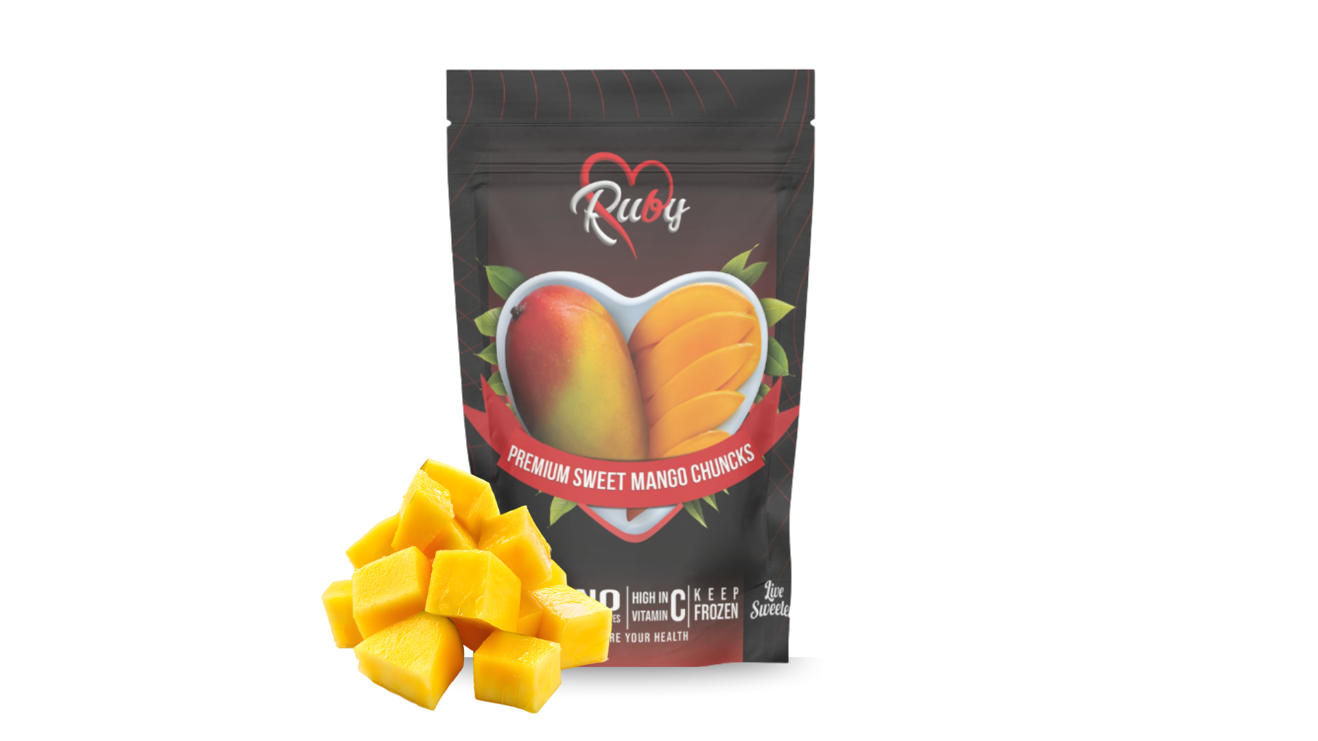 A bag of Ruby brand dried mango snacks next to a pile of diced, fresh yellow mango pieces.