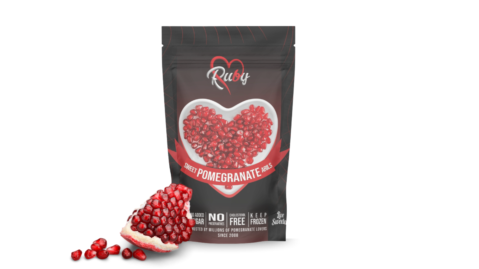 A black resealable pouch of Ruby pomegranate arils with a heart-shaped window, accompanied by a fresh pomegranate slice.