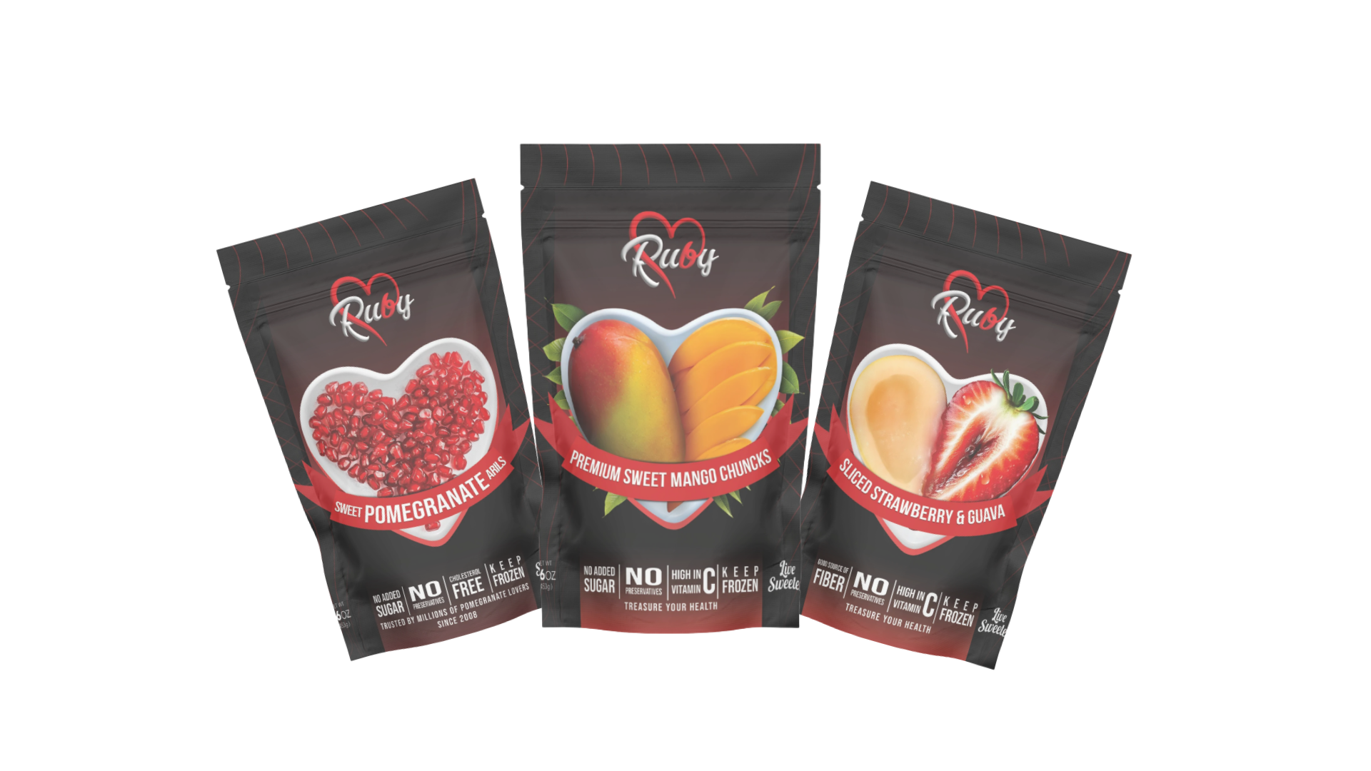 Three black pouches of dried fruit, featuring pomegranate, mango, and strawberry, arranged in a fan shape.