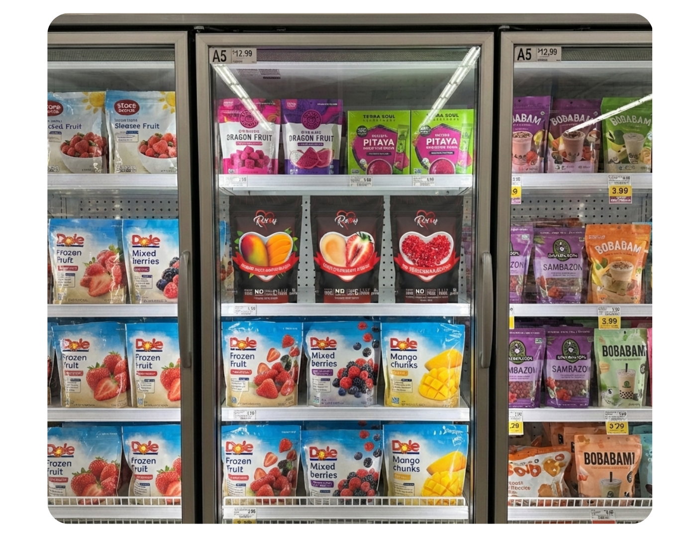 Three glass-door freezer cases at a grocery store stocked with various bags of frozen fruit and smoothie blends.