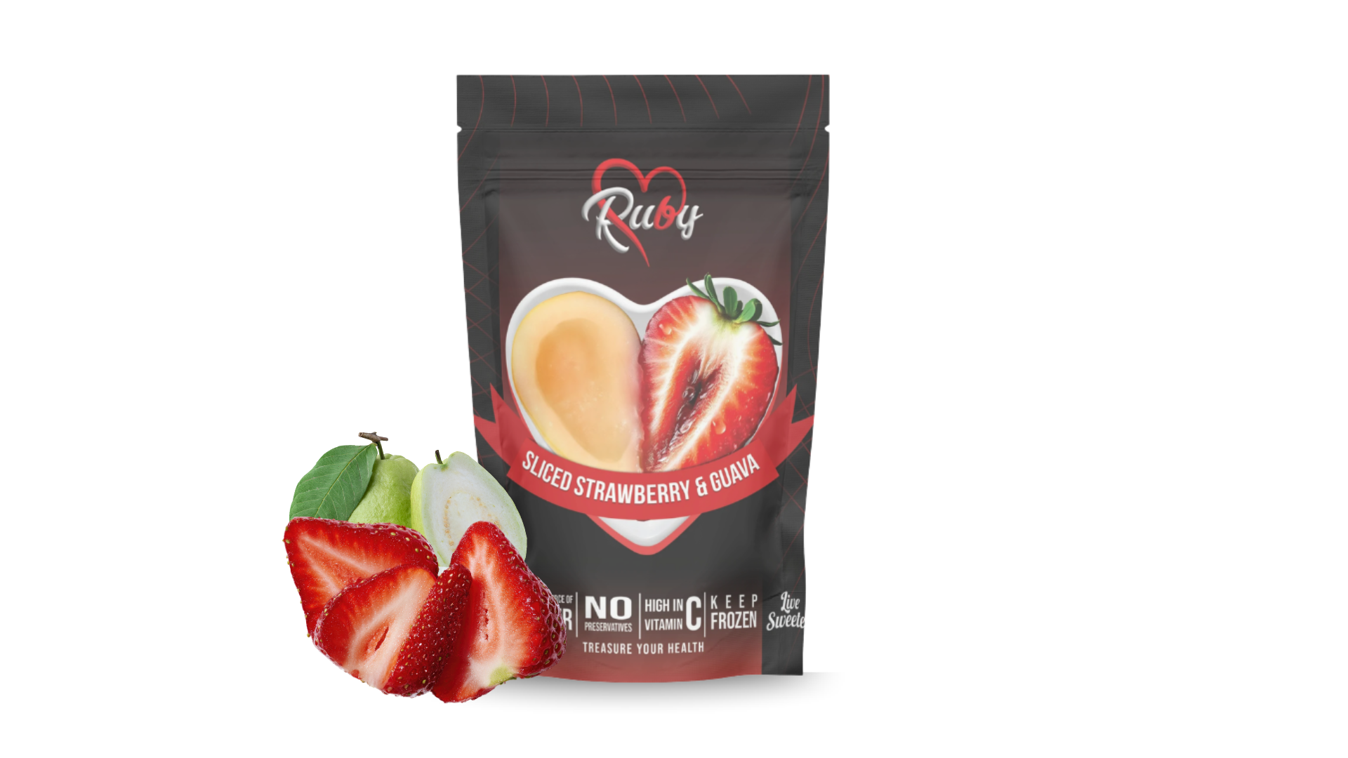 A bag of Ruby dried strawberry and pear snacks with fresh fruit in the foreground against a white background.