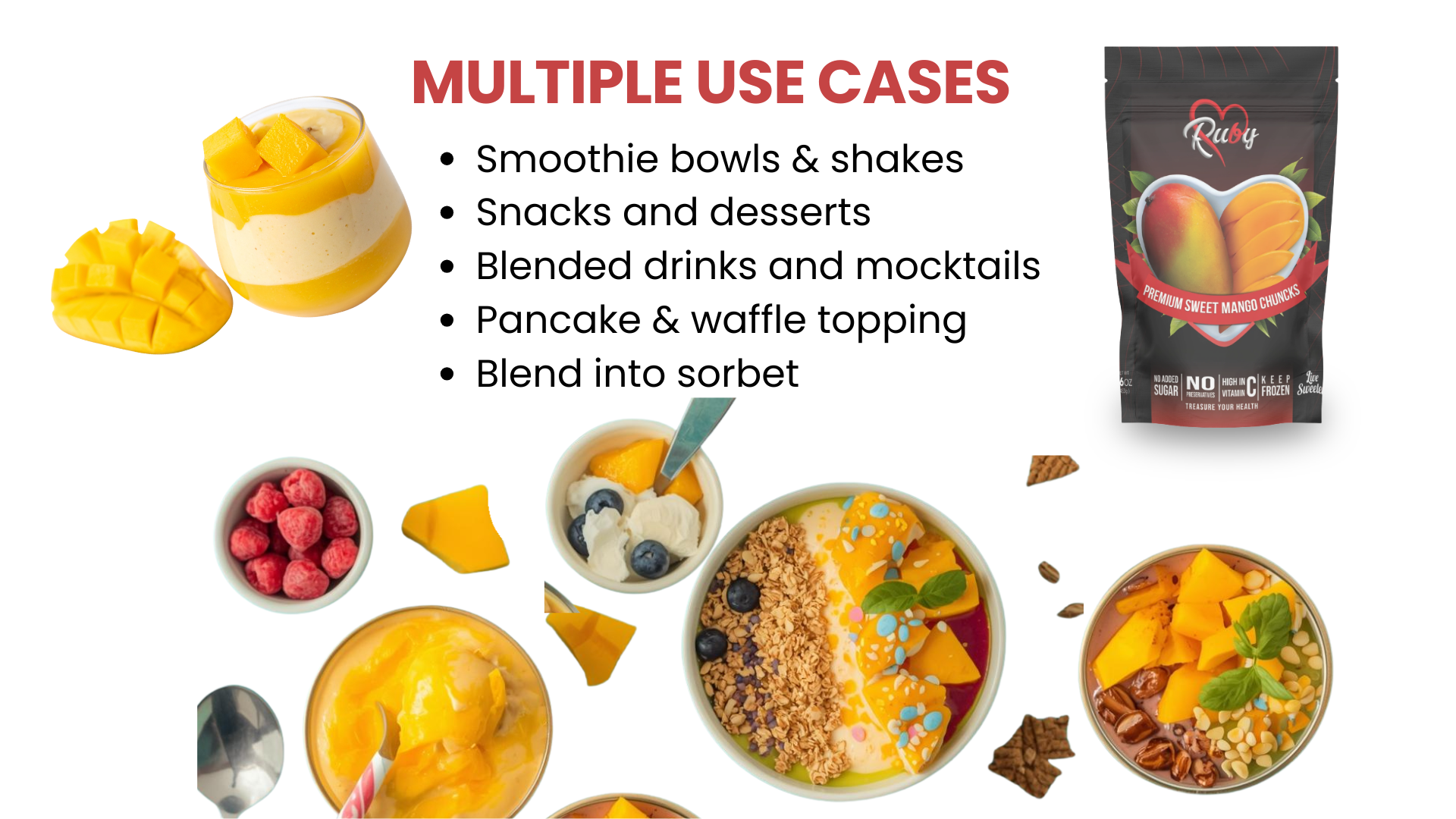 Mango product with multiple use cases: smoothies, desserts, drinks, pancake topping, and sorbet.