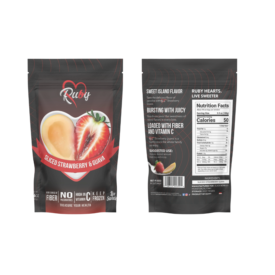 Front and back view of a black pouch of Ruby brand dried strawberry and pear fruit snacks.