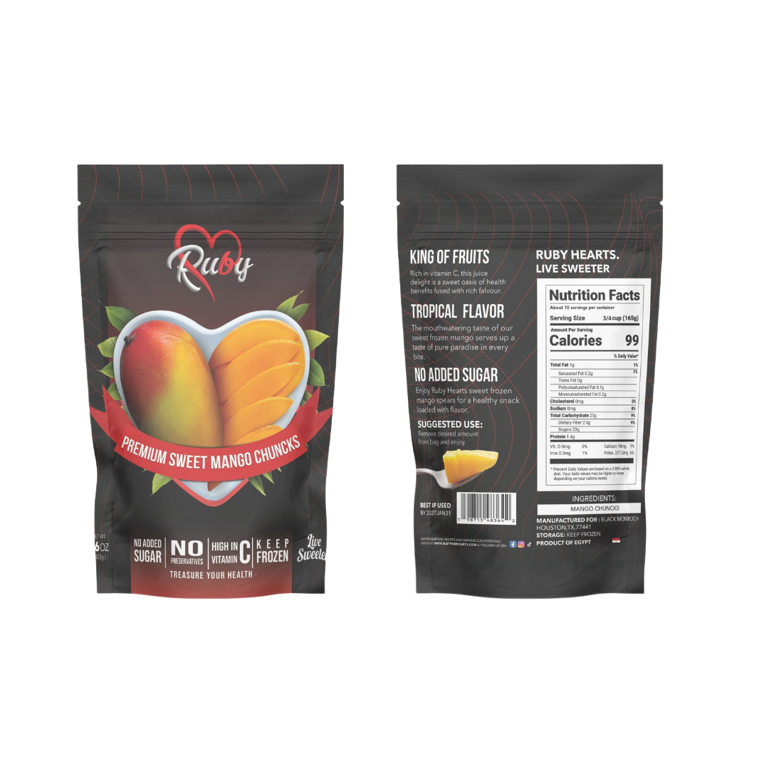 Front and back of a black pouch of Ruby brand dried mango slices, featuring a heart-shaped design and nutrition facts.