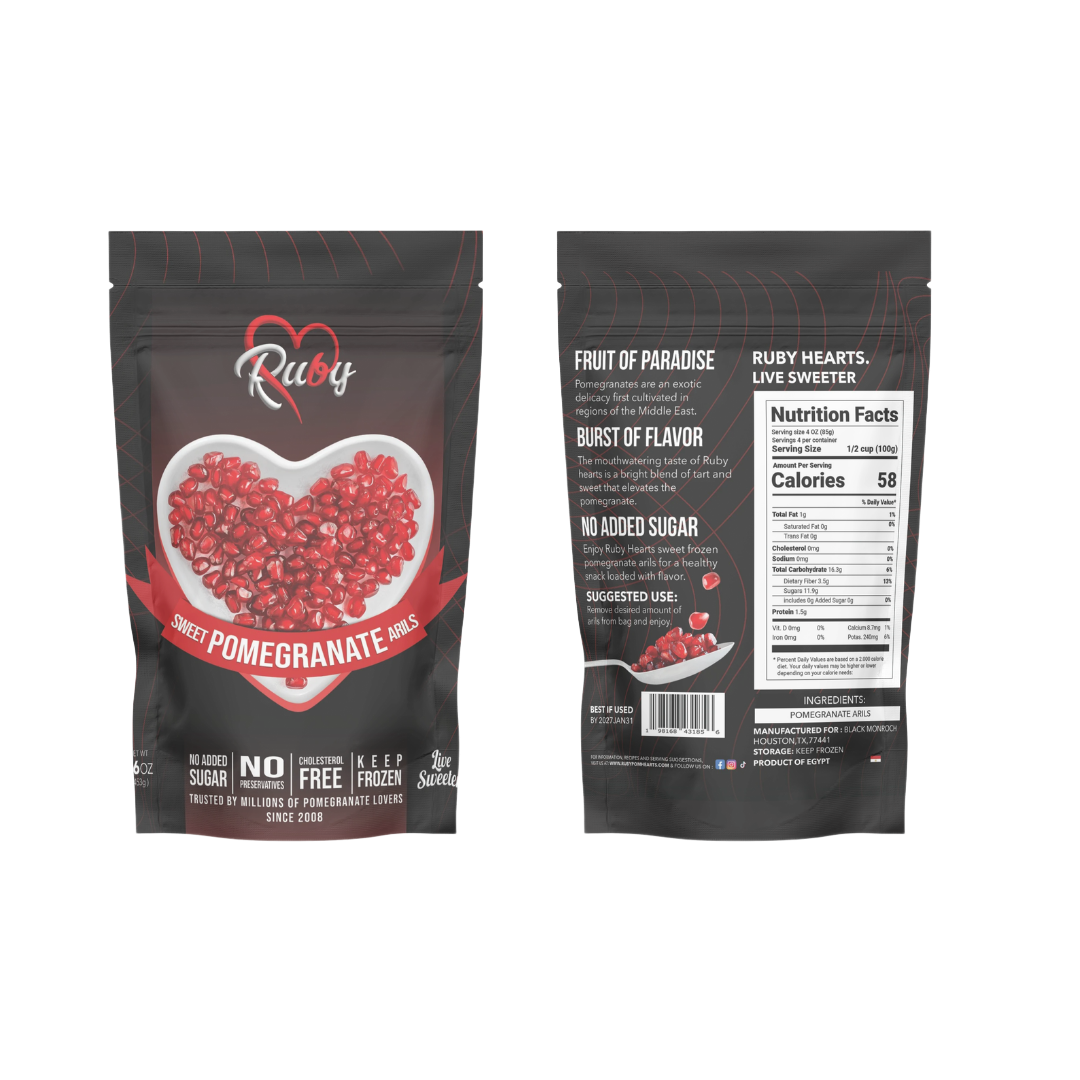 Front and back view of a black pouch of Ruby brand pomegranate arils with a heart-shaped window displaying the fruit.
