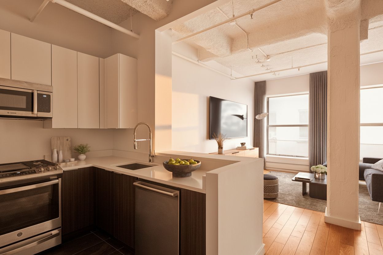 Modern kitchen with white cabinets, stainless steel appliances, and view of a living room with a large window.