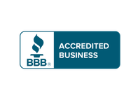 The bbb logo is blue and white and says accredited business.